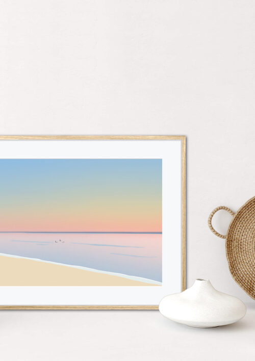 Tableau le Porge Océan "Échapper en douceur" DENADDA Affiche le Porge Océan dans un cadre, décoration intérieur, "Échapper en douceur" tableau d'une illustration minimaliste de DENADDA.