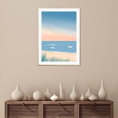 Affiche Lacanau Océan dans un cadre, décoration intérieur, "Inspirer la nature" tableau d'une illustration minimaliste de DENADDA.