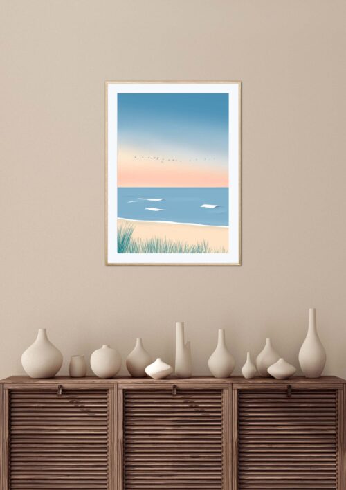 Tableau Lacanau Océan "Inspirer la nature" DENADDA Affiche Lacanau Océan dans un cadre, décoration intérieur, "Inspirer la nature" tableau d'une illustration minimaliste de DENADDA.