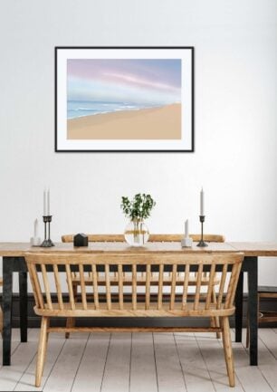Affiche Lacanau Océan dans un cadre, décoration intérieur, "S'évader en légèreté" tableau d'une illustration minimaliste de DENADDA.