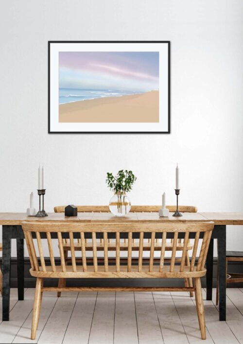 Tableau Lacanau Océan "S'évader en légèreté" DENADDA Affiche Lacanau Océan dans un cadre, décoration intérieur, "S'évader en légèreté" tableau d'une illustration minimaliste de DENADDA.