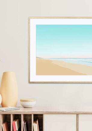 Affiche Lacanau Océan, plage du lion, dans un cadre, décoration intérieur, "Flâner" tableau d'une illustration minimaliste de DENADDA.