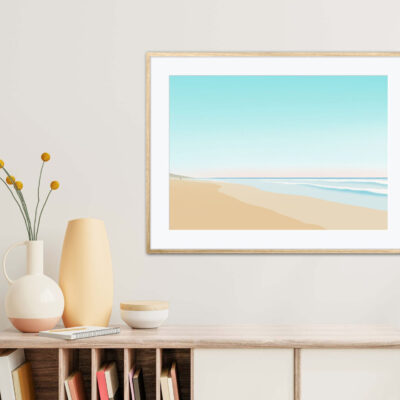 Affiche Lacanau Océan, plage du lion, dans un cadre, décoration intérieur, "Flâner" tableau d'une illustration minimaliste de DENADDA.