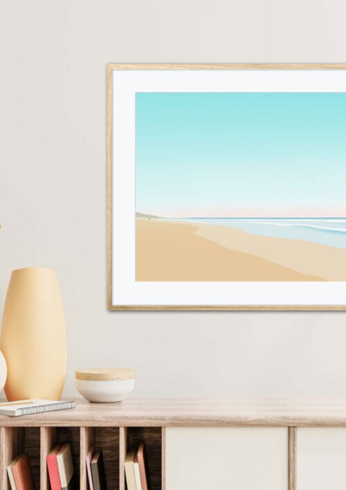 Tableau Lacanau Océan - Plage du lion 'Flâner' DENADDA Affiche Lacanau Océan, plage du lion, dans un cadre, décoration intérieur, "Flâner" tableau d'une illustration minimaliste de DENADDA.