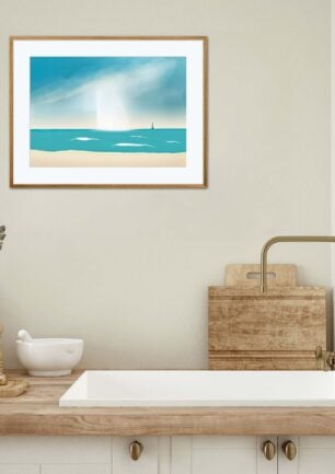 Affiche phare de Cordouan depuis Soulac-sur-Mer, dans un cadre, décoration intérieur, "Éclaircie" tableau d'une illustration minimaliste de DENADDA.