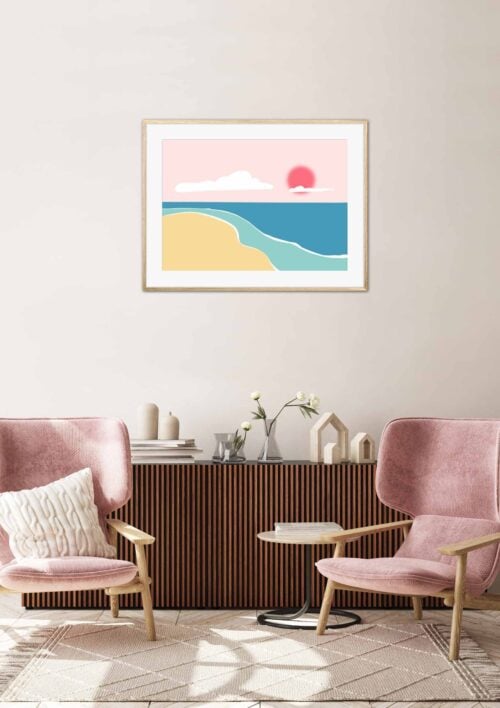 Tableau plage - Bord de mer "Playa" DENADDA Affiche plage, bord de mer, dans un cadre, décoration intérieur, "Playa" tableau d'une illustration minimaliste de DENADDA.