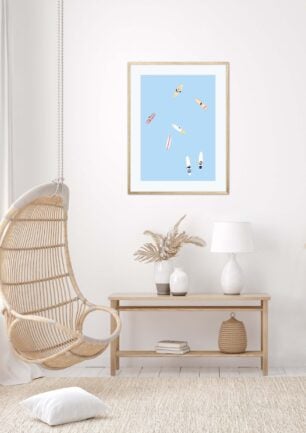 Affiche surf dans un cadre, poster, décoration intérieur, tableau d'une illustration minimaliste de DENADDA.