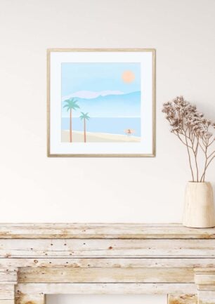 Affiche vacances d'été à la plage, au bord de la mer, dans un cadre, décoration intérieur, "Aloha bike" tableau d'une illustration minimaliste de DENADDA.
