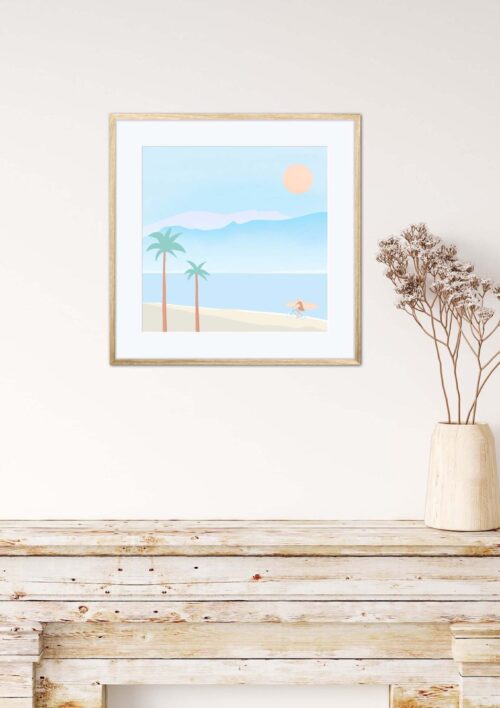 Tableau Vacances d'été à la plage "Aloha bike" DENADDA Affiche vacances d'été à la plage, au bord de la mer, dans un cadre, décoration intérieur, "Aloha bike" tableau d'une illustration minimaliste de DENADDA.