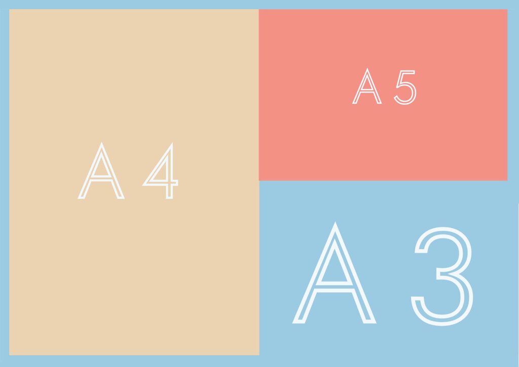 Guide des formats d'impression : a3, a4, a5. Un croquis de DENADDA.