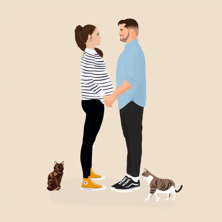 Illustration personnalisée d'une famille et 2 chats pour l'annonce d'une naissance. Portrait illustré par Denadda.