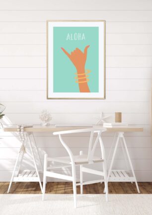 Affiche Aloha dans un cadre, une illustration avec le signe aloha des surfeurs, poster, décoration intérieur, tableau d'une illustration minimaliste de DENADDA.