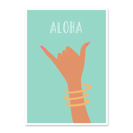 Affiche aloha, dessin d'une main qui fait le signe aloha des surfeurs, ce poster cool est une illustration minimaliste de DENADDA