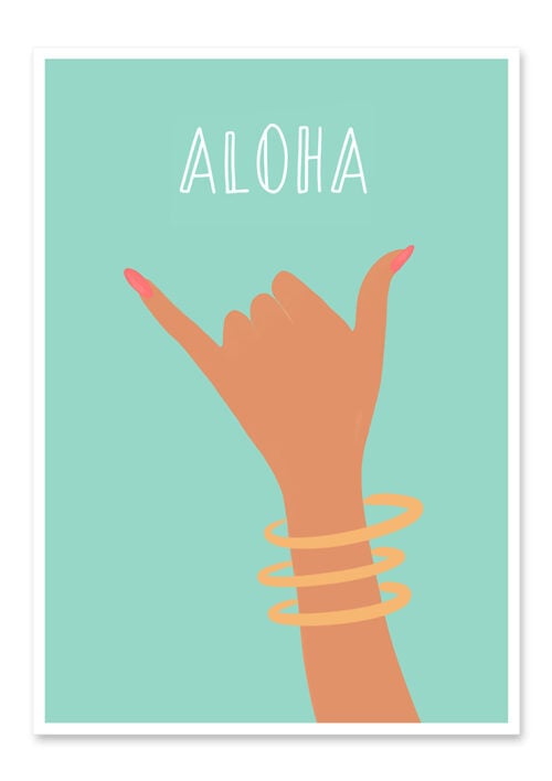 Affiche aloha, dessin d'une main qui fait le signe aloha des surfeurs, ce poster cool est une illustration minimaliste de DENADDA