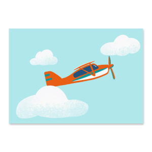 Affiche avion minimaliste, dessin de l'avion d'Au sommet dans un ciel bleu avec des nuages, une illustration minimaliste de DENADDA