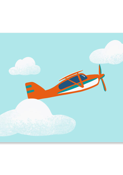 Affiche avion minimaliste, dessin de l'avion d'Au sommet dans un ciel bleu avec des nuages, une illustration minimaliste de DENADDA