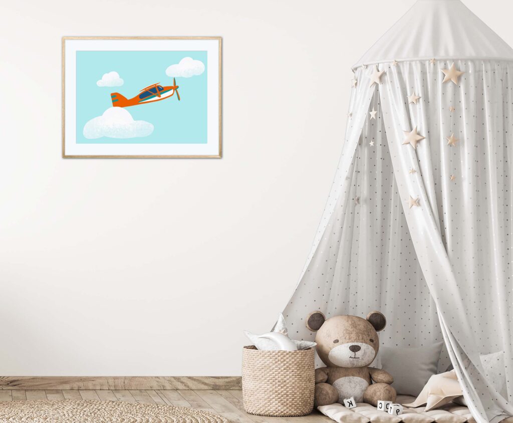 Affiche avion minimaliste dans un cadre, dessin d'un avion dans les nuages, poster, décoration murale, intérieur, tableau d'une illustration minimaliste de DENADDA.