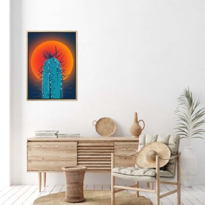 Affiche cactus minimaliste dans un cadre, dessin d'un cactus au soleil couchant, poster, décoration murale, intérieur, tableau d'une illustration minimaliste de DENADDA.
