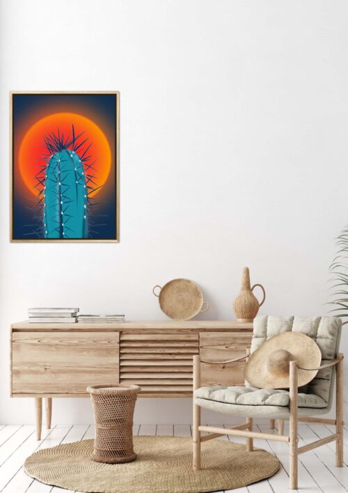 Tableau d'un cactus minimaliste "Picky" DENADDA Affiche cactus minimaliste dans un cadre, dessin d'un cactus au soleil couchant, poster, décoration murale, intérieur, tableau d'une illustration minimaliste de DENADDA.