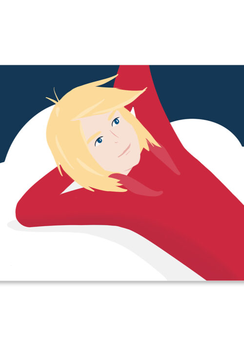 Affiche enfant, dessin d'un jeune garçon qui rêve sur son nuage, une illustration minimaliste de DENADDA