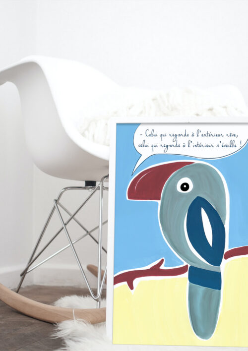 Tableau d'un toucan avec citation de Carl Gustav Jung "Dr Jung" DENADDA Affiche avec une citation de Carl Gustav Jung dans un cadre, dessin d'un toucan, poster, décoration intérieur, tableau d'une illustration minimaliste de DENADDA.