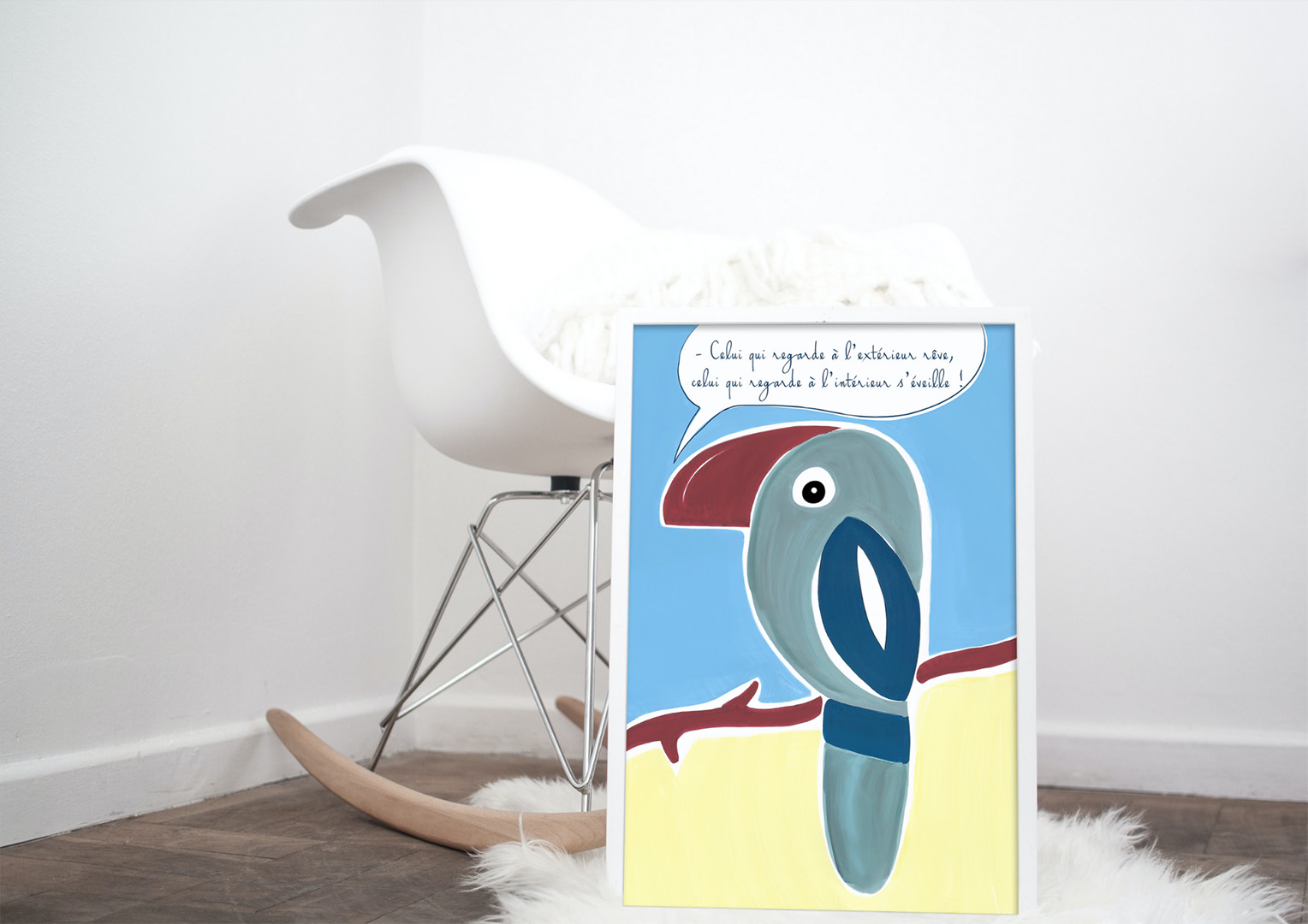 Affiche avec une citation de Carl Gustav Jung dans un cadre, dessin d'un toucan, poster, décoration intérieur, tableau d'une illustration minimaliste de DENADDA.
