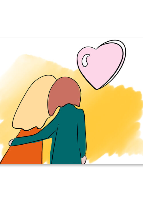 Affiche couple amoureux, dessin d'un couple amoureux de dos, issu du conte Au sommet, une illustration minimaliste de DENADDA