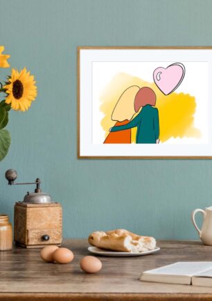 Affiche couple amoureux dans un cadre, dessin d'un couple amoureux de dos, poster, décoration murale, intérieur, tableau d'une illustration minimaliste de DENADDA.