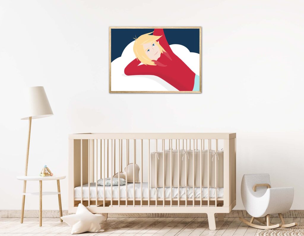 Affiche pour chambre enfant dans un cadre, dessin d'un petit garçon qui rêve sur son nuage, poster, décoration intérieur, tableau d'une illustration minimaliste de DENADDA.