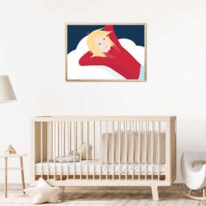 Affiche pour chambre enfant dans un cadre, dessin d'un petit garçon qui rêve sur son nuage, poster, décoration intérieur, tableau d'une illustration minimaliste de DENADDA.