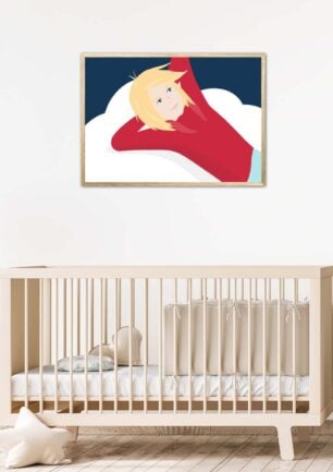 Affiche pour chambre enfant dans un cadre, dessin d'un petit garçon qui rêve sur son nuage, poster, décoration intérieur, tableau d'une illustration minimaliste de DENADDA.