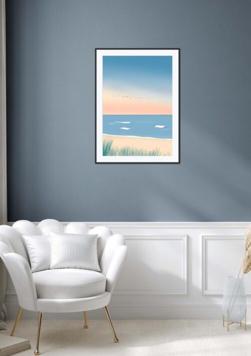 Tableau Lacanau Océan "Inspirer la nature" DENADDA Affiche Lacanau Océan dans un cadre, décoration murale, intérieur, "Inspirer la nature" tableau d'une illustration minimaliste de DENADDA.