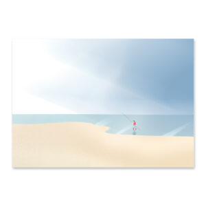 Affiche mer, un pêcheur sur la plage de Lacanau océan, une illustration minimaliste de DENADDA