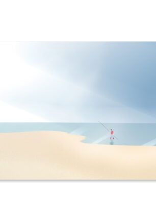 Affiche mer, un pêcheur sur la plage de Lacanau océan, une illustration minimaliste de DENADDA