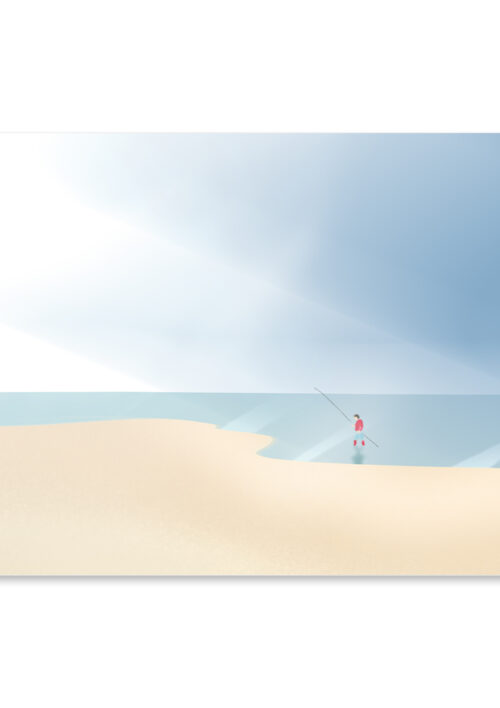 Affiche mer, un pêcheur sur la plage de Lacanau océan, une illustration minimaliste de DENADDA