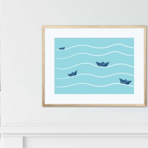 Affiche minimaliste dans un cadre, dessin de cocottes en papiers sur la mer, poster, décoration murale, intérieur, tableau d'une illustration minimaliste de DENADDA.