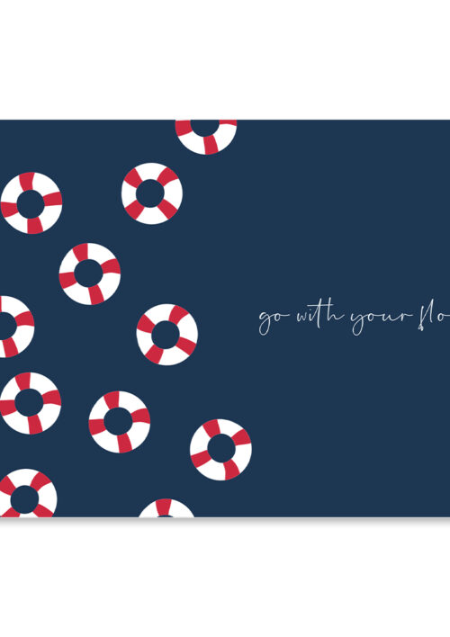 Affiche minimaliste, un dessin avec des bouées et une citation go with your flow, une illustration minimaliste de DENADDA