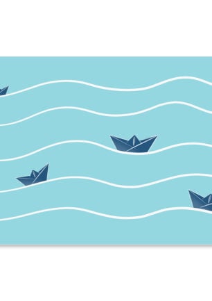 Affiche minimaliste, un dessin de cocotte en papier qui navigue sur l'eau, une illustration minimaliste de DENADDA