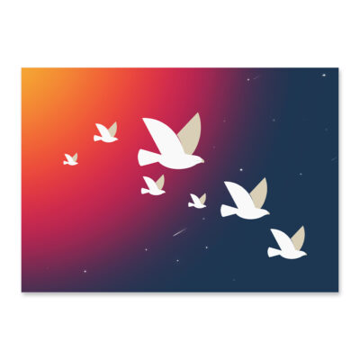Affiche minimaliste, un dessin d'oiseaux qui volent dans un ciel étoilé, une illustration minimaliste de DENADDA