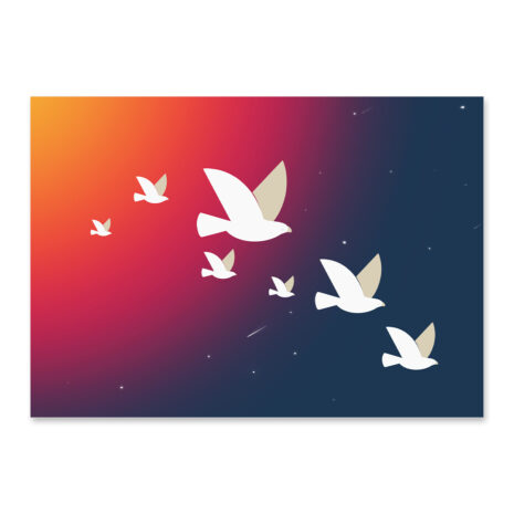 Affiche minimaliste, un dessin d'oiseaux qui volent dans un ciel étoilé, une illustration minimaliste de DENADDA