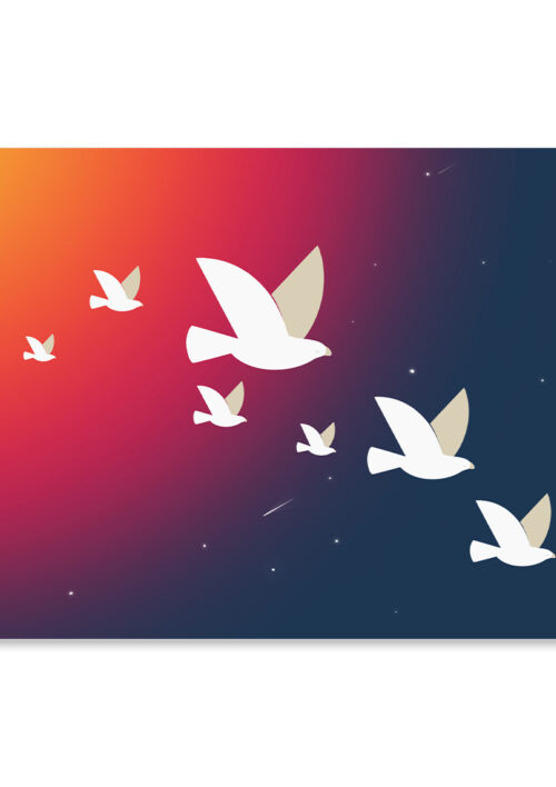 Affiche minimaliste, un dessin d'oiseaux qui volent dans un ciel étoilé, une illustration minimaliste de DENADDA