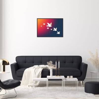Affiche minimaliste d'oiseaux dans un cadre, dessin d'oiseaux qui voyagent à travers un ciel étoilé, poster, décoration intérieur, tableau d'une illustration minimaliste de DENADDA.