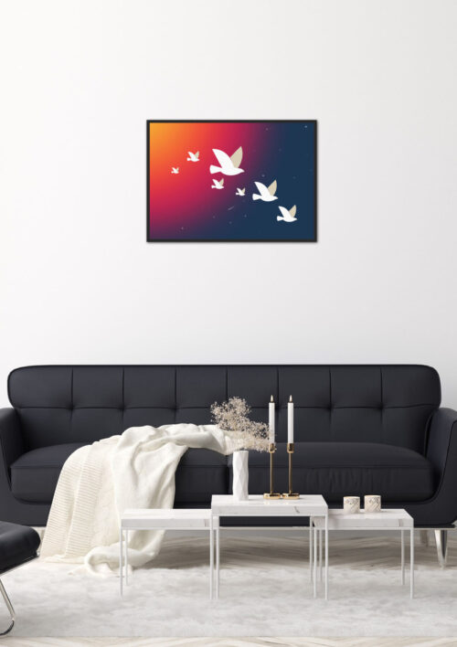 Tableau minimaliste les oiseaux "Light" DENADDA Affiche minimaliste d'oiseaux dans un cadre, dessin d'oiseaux qui voyagent à travers un ciel étoilé, poster, décoration intérieur, tableau d'une illustration minimaliste de DENADDA.