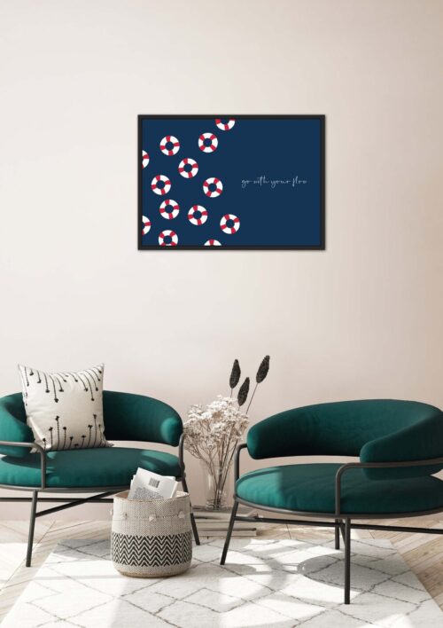 Tableau minimaliste "Go with your flow" DENADDA Affiche minimaliste dans un cadre, dessin de bouées avec citation, poster, décoration murale, intérieur, tableau d'une illustration minimaliste de DENADDA.