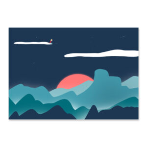 Affiche montagne, dessin d'un jeune garçon sur un nuage qui regarde les Blue Mountains en Australie, une illustration minimaliste de DENADDA