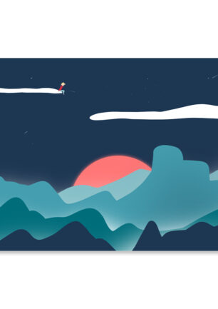 Affiche montagne, dessin d'un jeune garçon sur un nuage qui regarde les Blue Mountains en Australie, une illustration minimaliste de DENADDA