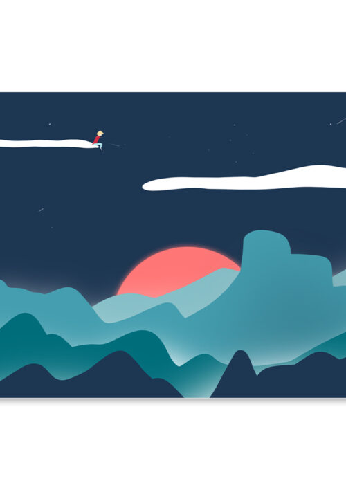 Affiche montagne, dessin d'un jeune garçon sur un nuage qui regarde les Blue Mountains en Australie, une illustration minimaliste de DENADDA
