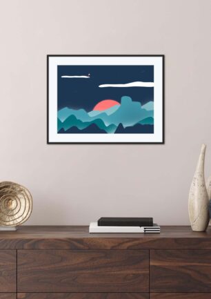 Affiche montagne dans un cadre, dessin des Blue Mountains en Australie, poster, décoration intérieur, tableau d'une illustration minimaliste de DENADDA.