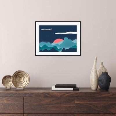 Affiche montagne dans un cadre, dessin des Blue Mountains en Australie, poster, décoration intérieur, tableau d'une illustration minimaliste de DENADDA.