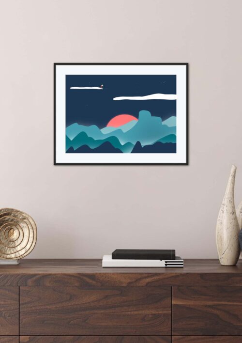 Tableau des montagnes en Australie "Blue Mountains" DENADDA Affiche montagne dans un cadre, dessin des Blue Mountains en Australie, poster, décoration intérieur, tableau d'une illustration minimaliste de DENADDA.